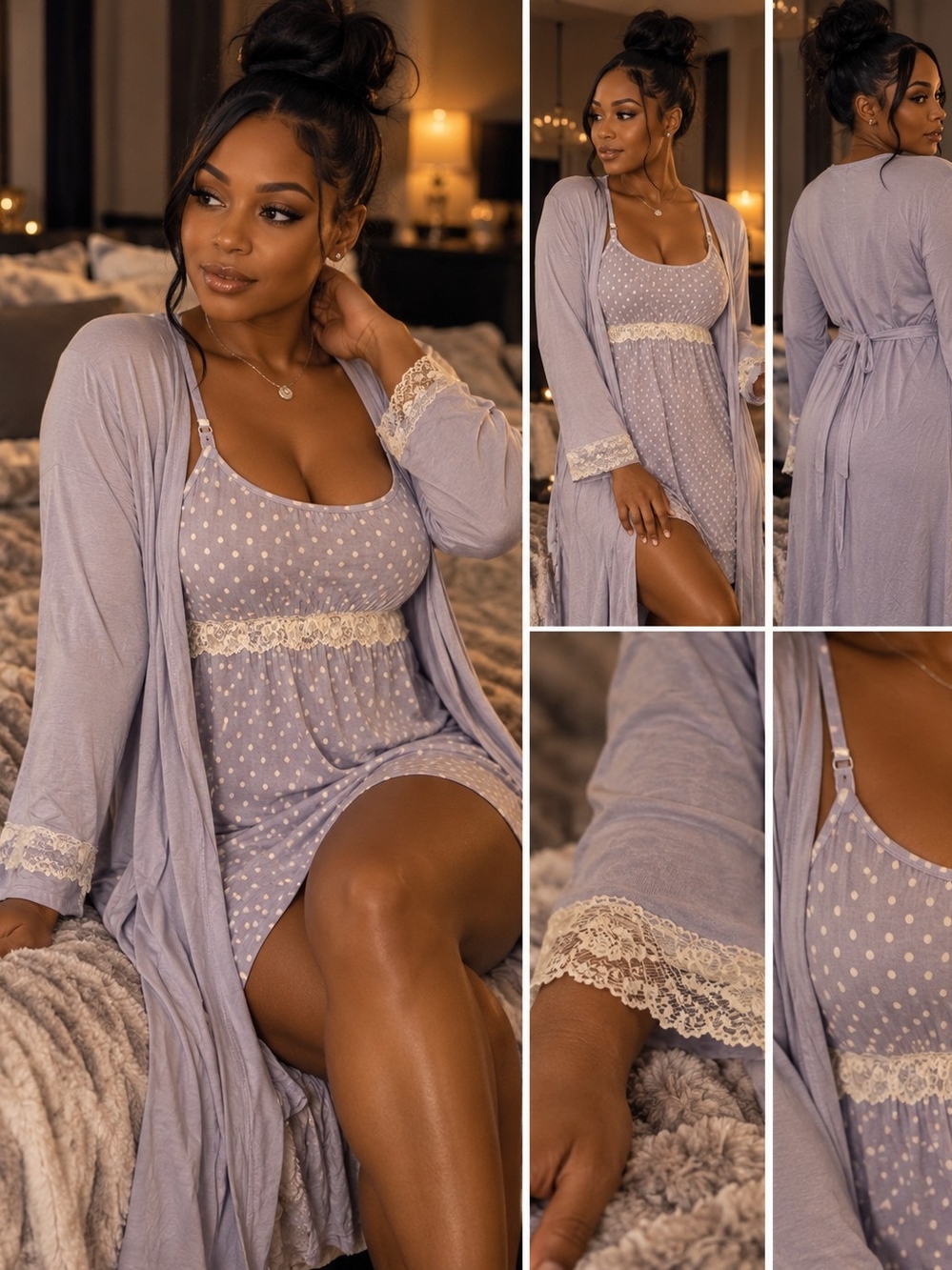 Lavender Polka Dot Lace-Trim Sleep Chemise & Robe Set